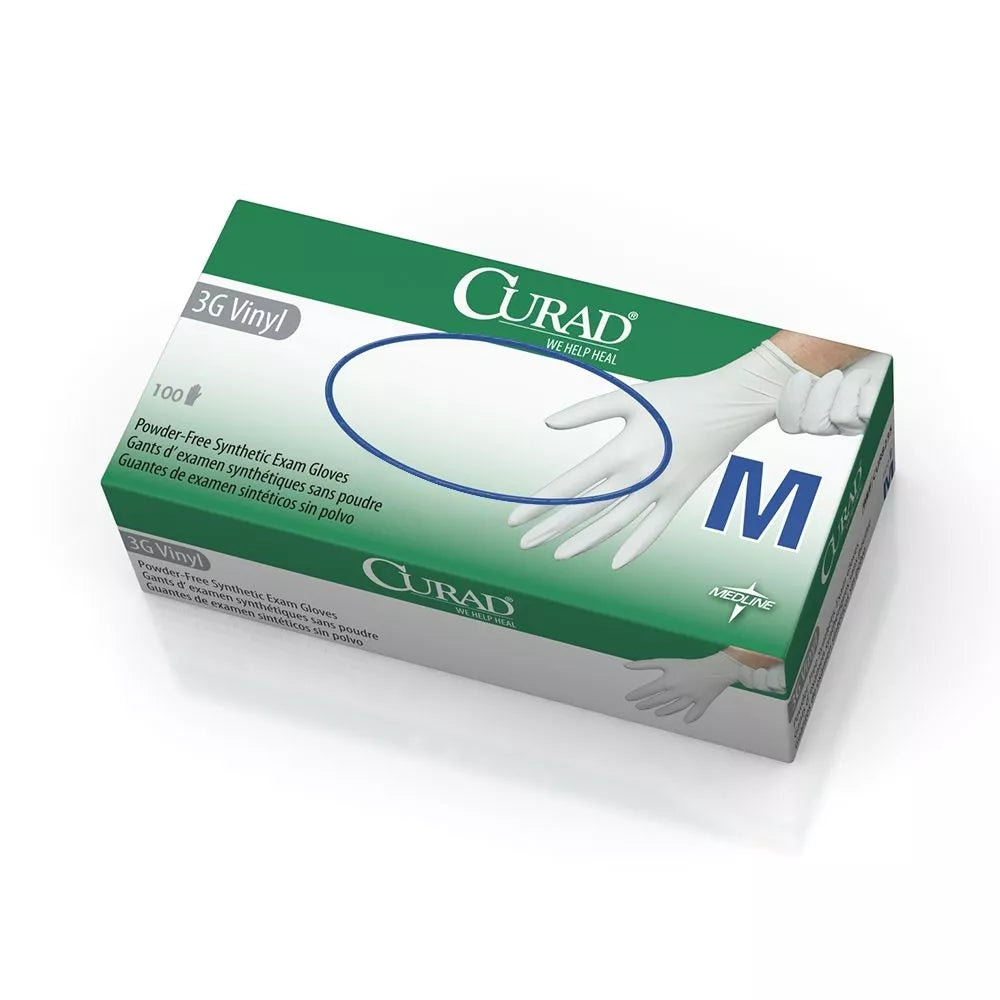 Curad 3G White Vinyl Exam Gloves - Non-sterile, Powder free, Latex free (Size: XS, S, M, L, XL)