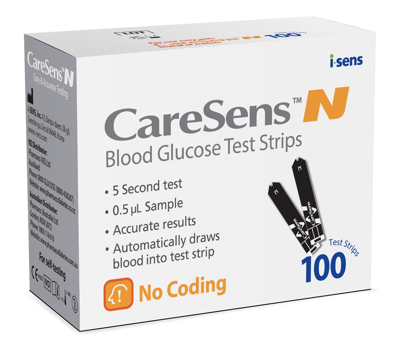 Caresens N Blood Glucose Test Strips, Pack of 100 HMCSN100