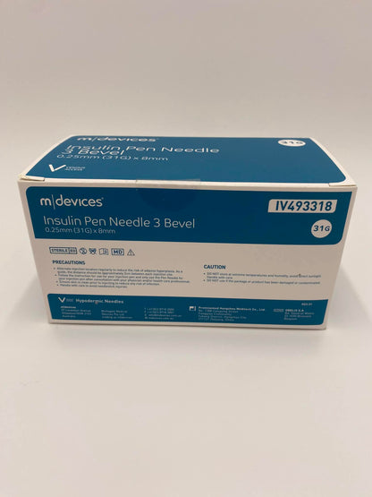 Insulin Pen Needle 3 Bevel (Sizes 31Gx5mm, 31Gx6mm, 31Gx8mm, 32Gx4mm, 32x5mm, 32x6mm, 33x4mm). Pack of 100