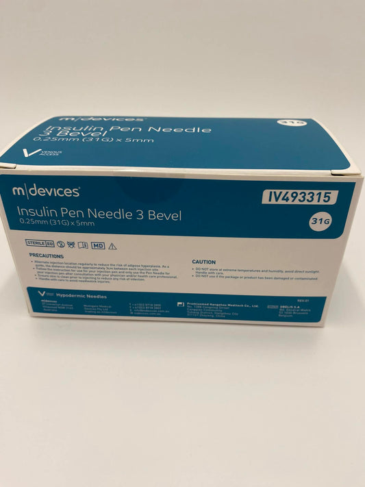 Insulin Pen Needle 3 Bevel (Sizes 31Gx5mm, 31Gx6mm, 31Gx8mm, 32Gx4mm, 32x5mm, 32x6mm, 33x4mm). Pack of 100