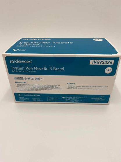 Insulin Pen Needle 3 Bevel (Sizes 31Gx5mm, 31Gx6mm, 31Gx8mm, 32Gx4mm, 32x5mm, 32x6mm, 33x4mm). Pack of 100