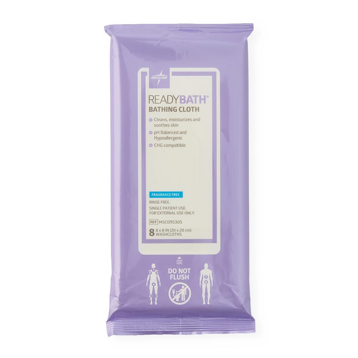 Medline ReadyBath® Total Body Cleansing Standard Weight Washcloths, Fragrance Free, Peel & Reseal, 8/Pack MSC095305