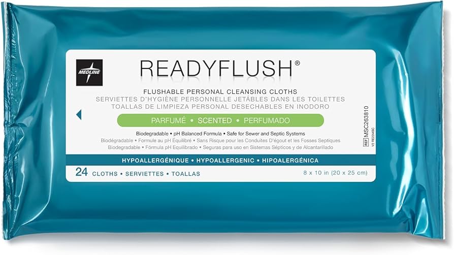 Medline ReadyFlush® Biodegradable Flushable Wipes, 8 x 10" (20 x 25 cm), Scented, Peel & Reseal MSC263810
