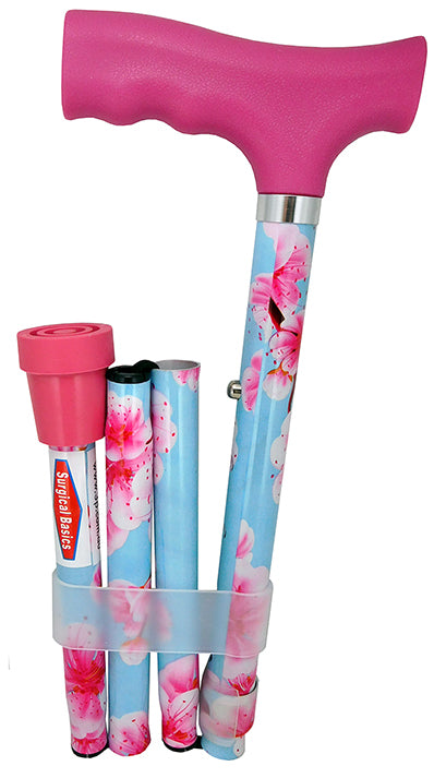 Surgical Basics Walking Stick Pink Blossom Folding Adjustable 77-89cm