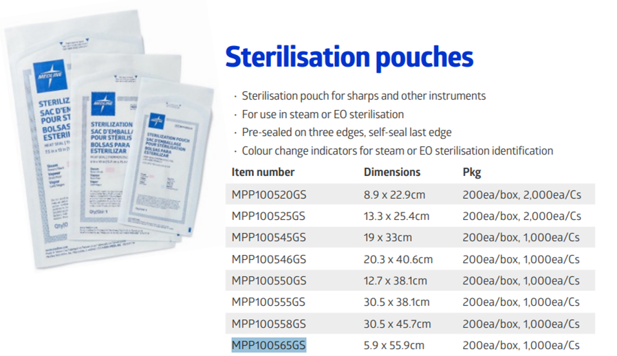 Medline Self Seal Sterilization Pouches (Sizes: 8.9 X 22.9 CM, 13.3 X 25.4 CM, 19 X 33 CM, 20.3 X 40.6 CM, 12.7 X 38.1 CM, 30.5 X 381 CM, 30.5 X 45.7 CM, 5.9 X 55.9 CM)