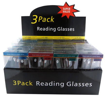 Reading Glasses (4 Strengths/3 Pack) Display Of 24