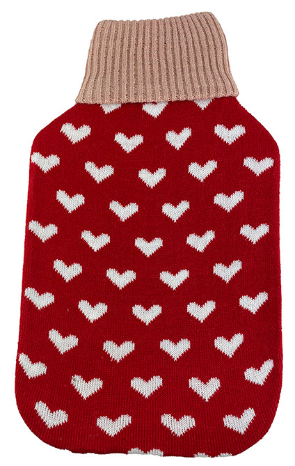 Hot Water Bottle Cover Knit Red With White Hearts – Fits Standard 2l Bottle
