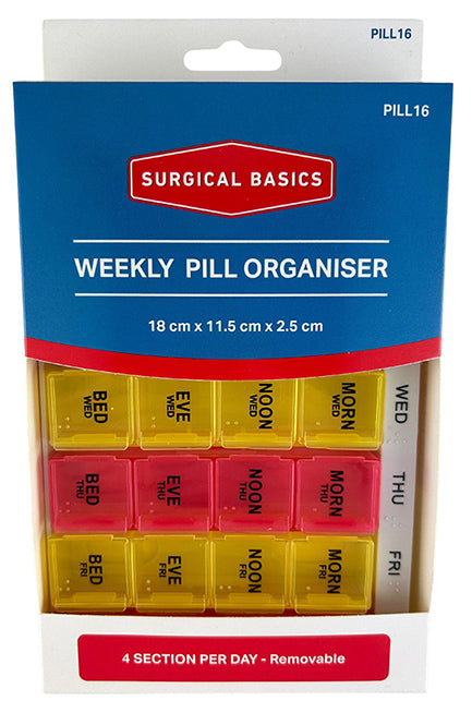 Surgical Basics Pill Box Weekly 4 Per Day Removable (morn/noon/eve/bed) 18 X 11.5 X 2.5cm