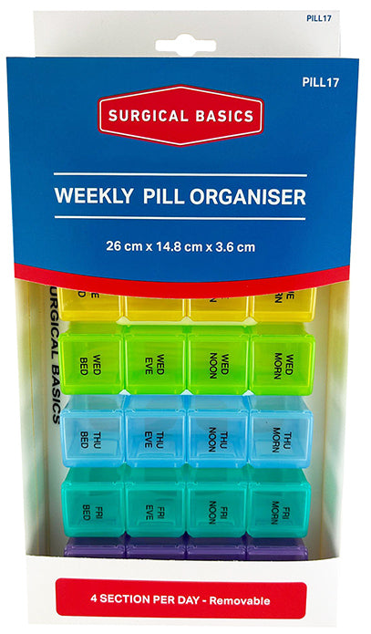Surgical Basics Weekly Pill Organiser 4 Per Day (morn/noon/eve/bed) Removable 26 X 15 X 4cm