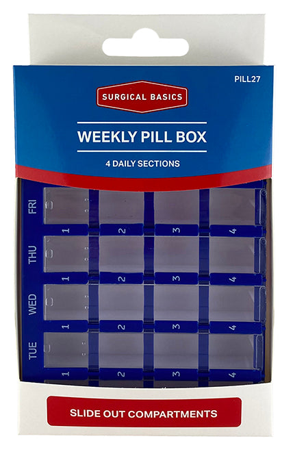 Surgical Basics Pill Box Weekly 4 Daily Section With Slide Out Compartments 15.5×10.5×2.8cm
