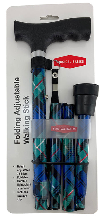 Surgical Basics Walking Stick Blue/green Tartan Folding Adjustable With Strap 73-85cm