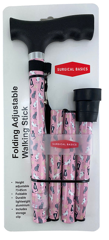Surgical Basics Walking Stick Cats Design Folding Adjustable With Strap 73-85cm