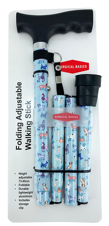 Surgical Basics Walking Stick Black Pooch Design Folding Adjustable With Strap 73-85cm