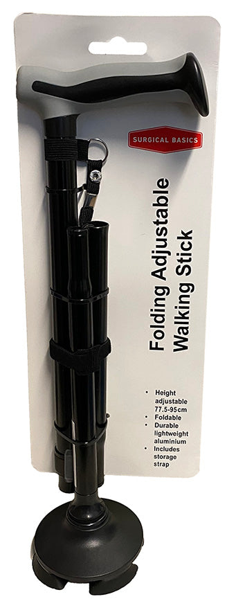 Surgical Basics Walking Stick Black Folding Adjustable Pivot Base & Grip Handle 77.5-95cm