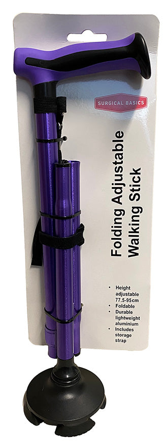Surgical Basics Walking Stick Purple Folding Adjustable Pivot Base & Grip Handle 77.5-95cm