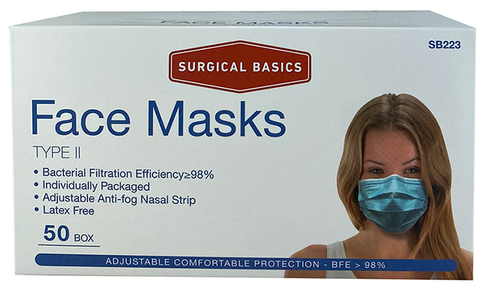 Surgical Basics Face Mask Bacterial Filtration Efficiency 98% Display of 50