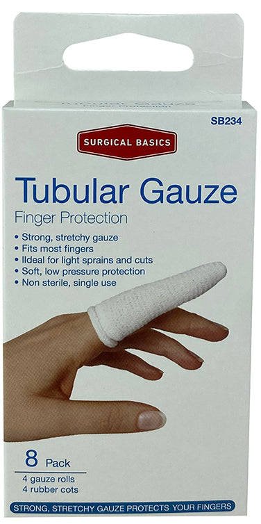 Surgical Basics Tubular Gauze Finger Protection (8 Pack) includes 4 gauze rolls and 4 rubber cots
