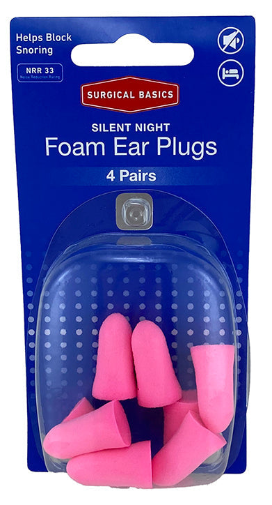 Surgical Basics Foam Silent Night Ear Plugs - Noise Reduction Rating of NRR 33 (4 Pairs)