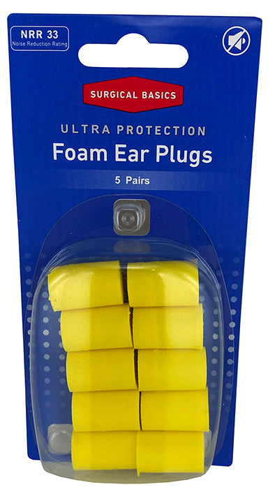 Surgical Basics Foam Straight Ear Plugs With a Noise Reduction rating of NR 33 (5 Pairs)