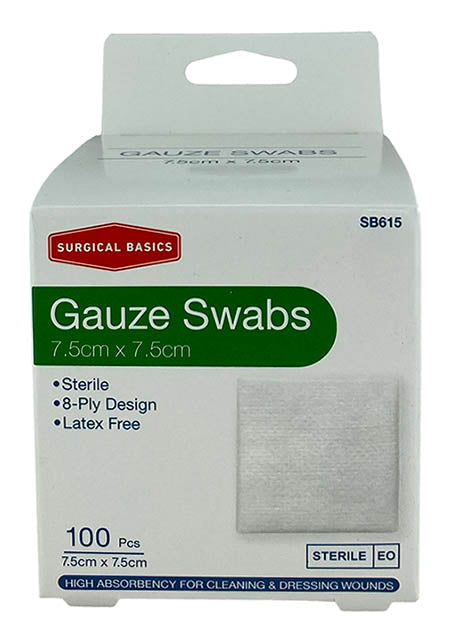 Surgical Basics Sterile Gauze Swabs 7.5cm X 7.5cm 100 Pack