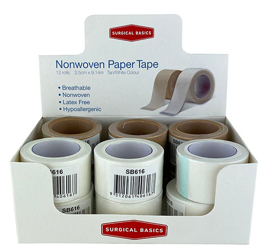 Surgical Basics Paper Tape Tan/white (2.5cm X 9.14m) Display of 12