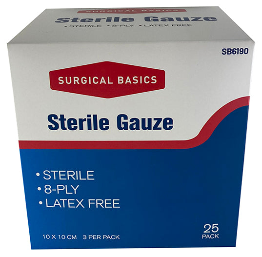 Surgical Basics Sterile Gauze 10 X 10cm 8ply 3pk Display of 25