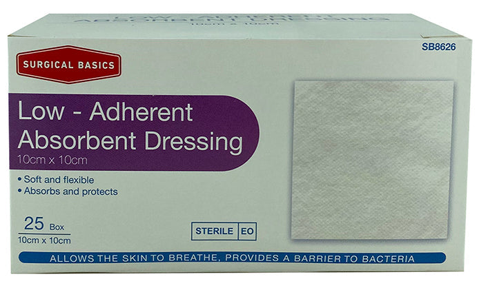 Surgical Basics Low Adherent Absorbent Dressing 10x10cm Display of 25