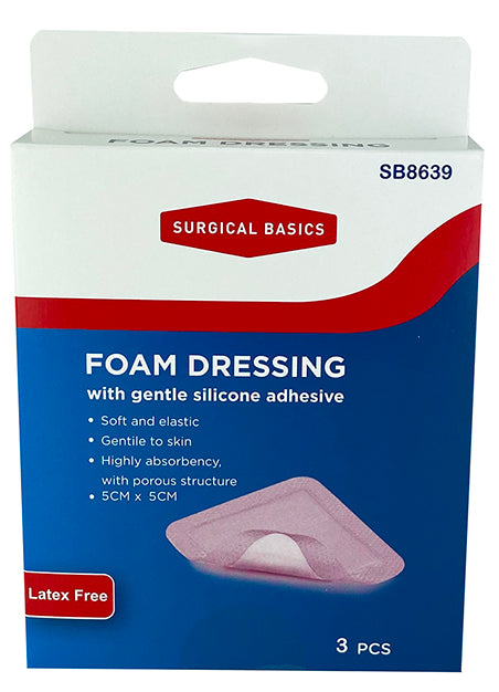 Surgical Basics Foam Dressing Silicone Adhesive 5 X 5cm 3 Pack