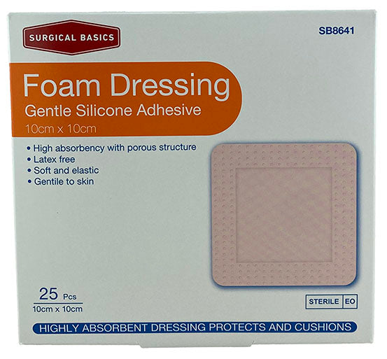 Surgical Basics Foam Dressing Silicone Adhesive 10x10cm 25pk