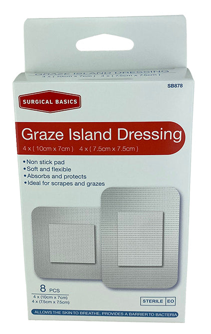 Surgical Basics Graze Island Dressing 7.5 X 7.5cm &amp; 7 X 10cm 8 Per Pack
