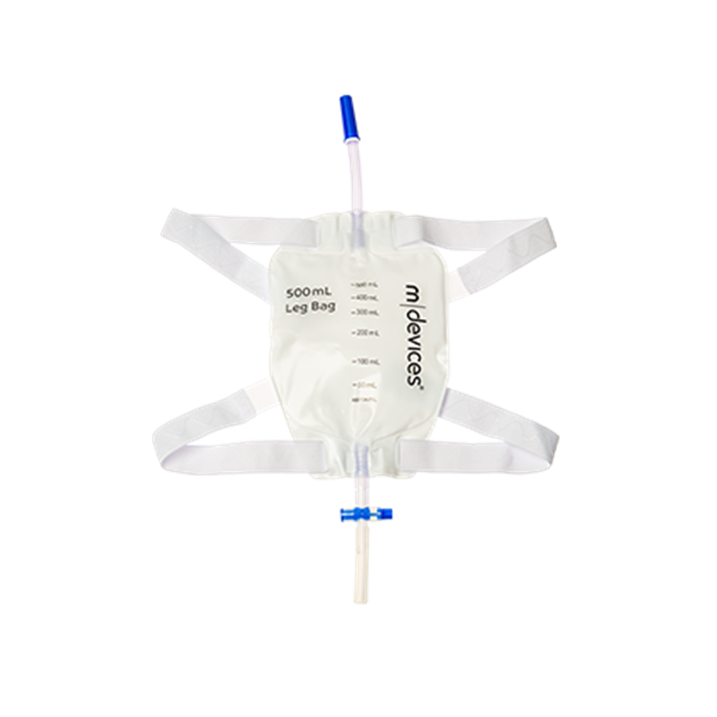 Leg Bag - T-TAP Non-Return Valve 10cm Short Tube with Bonded Step Connector and Silicone Lined Straps, 500mL